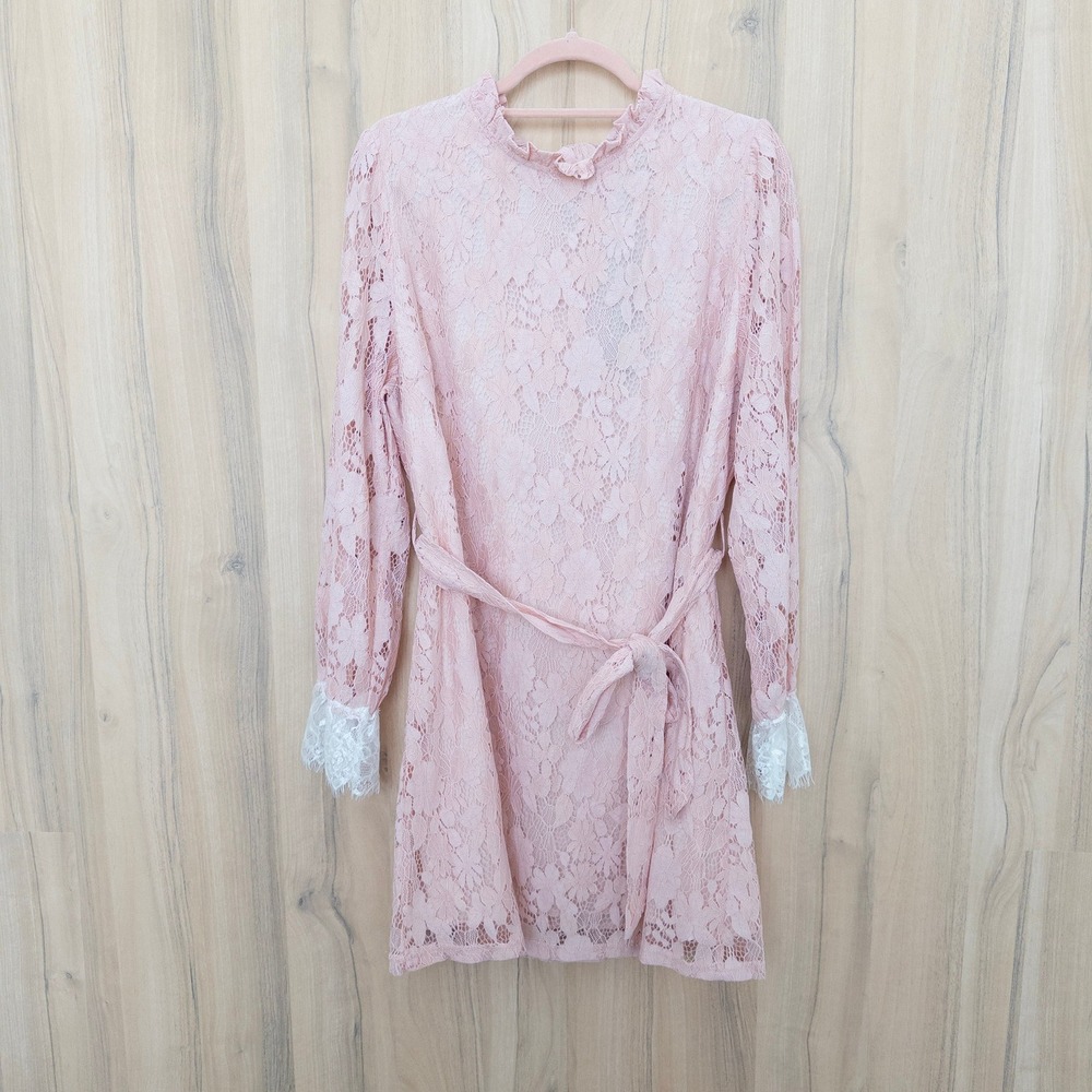 Womens Lace Dress XL Pink Floral Mock Neck Long Sleeve Ruffle Coquette Victorian